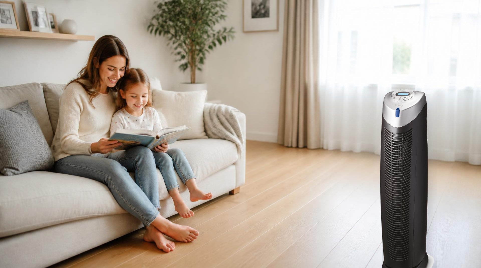 Progenion PR-940UV Luftreiniger für gesunde Raumluft für Familien Familie mit Kind in einem hellen Wohnzimmer neben dem Progenion PR-940UV Luftreiniger